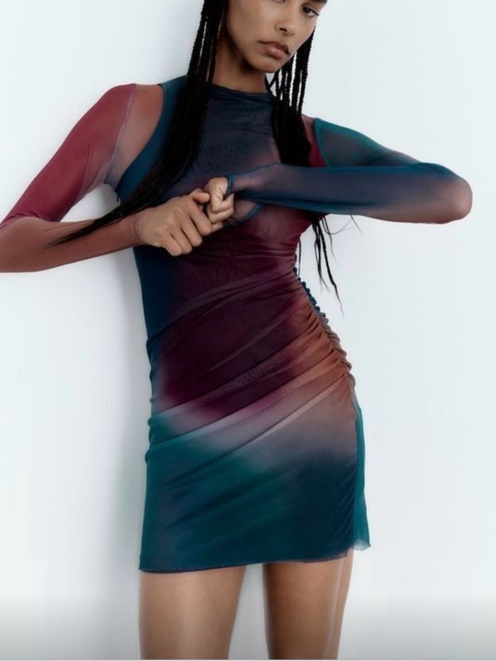 Zara Sheer Gradient Mini Dress in Teal & Burgundy